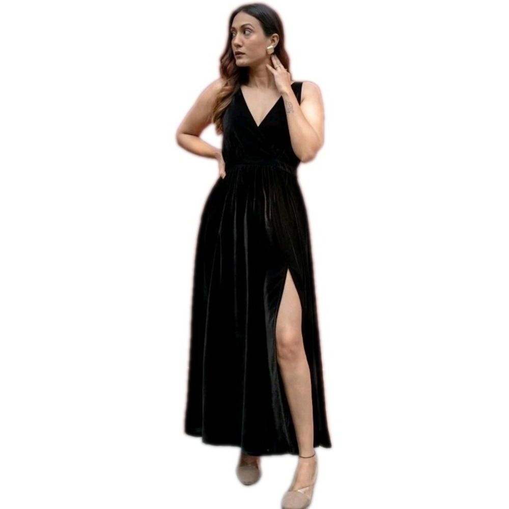 LBISSE Vamp Black Velvet Maxi Dress Sleeveless V Neck Evening Party‎ Cocktail